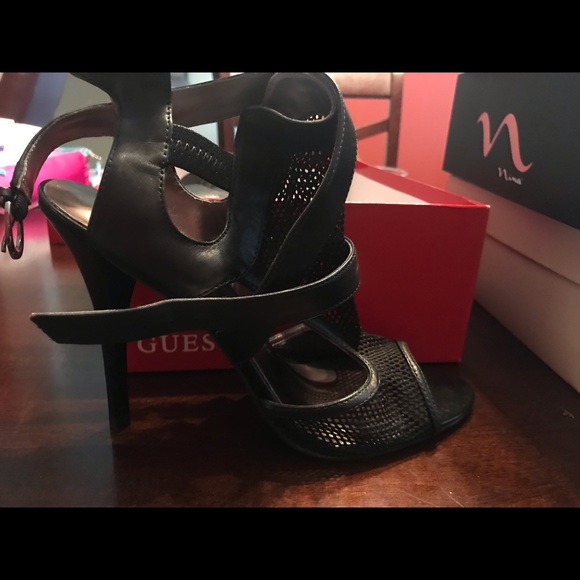 Opened toe, strapped mesh high heel shoe. - Picture 2 of 4